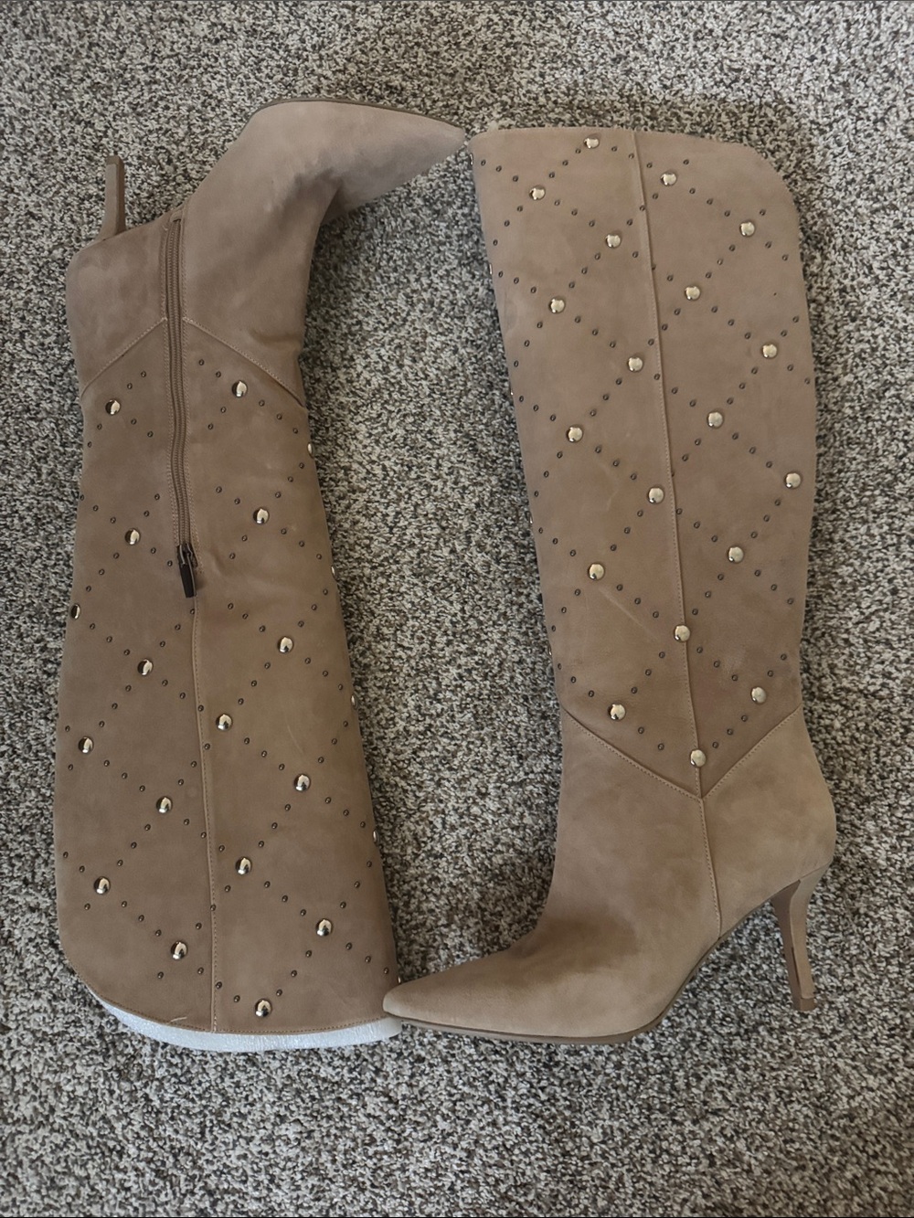 Vince Camuto Taupe Over-the-Knee Studded Stiletto Boots